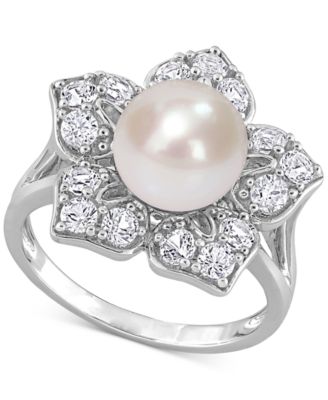 Macy's - Cultured Freshwater Pearl (8-1/2mm) & Lab-Created White Sapphire Flower Ring in Sterling Silver