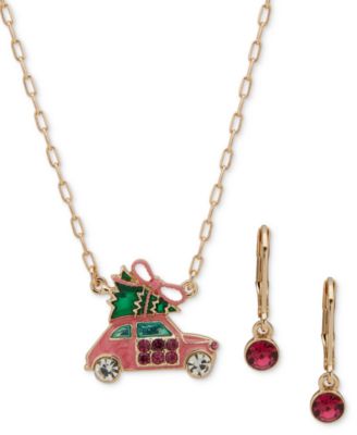 Anne Klein - Gold-Tone Crystal Car With Tree Pendant Necklace & Drop Earrings Set