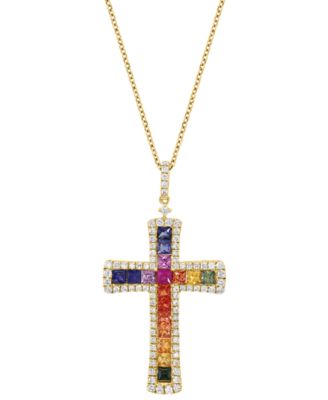 EFFY Collection - Multi-Sapphire (1-3/4 ct. t.w.) & Diamond (5/8 ct. t.w.) Cross Pendant Necklace in 14k Yellow Gold, 18" + XX" extender