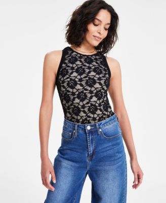 Bar III - Women's Crewneck Sleeveless Lace Bodysuit