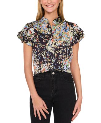 CeCe - Women's Printed Flutter-Sleeve Hidden-Placket Blouse