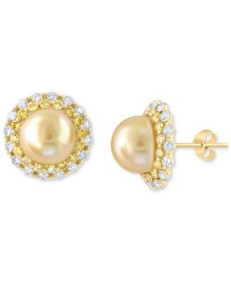 EFFY Collection - EFFY&reg; Cultured South Sea Pearl (9mm), Yellow Diamond (2-1/20 ct. t.w.) & White Diamond (1-1/8 ct. t.w.) Halo Stud Earrings in 14k Gold