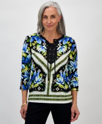 JM Collection - Petite Printed Lace-Up Garden Trellis 3/4-Sleeve Top