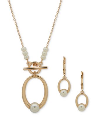 Anne Klein - Gold-Tone Imitation Pearl Open Circle Pendant Necklace & Earrings Set
