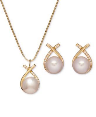 Macy's - Cultured Freshwater Pearl (8mm) & Cubic Zirconia Crisscross Pendant Necklace & Drop Earrings Set in 18k Gold-Plated Sterling Silver