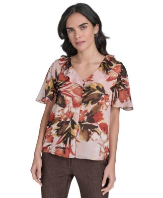Calvin Klein - Women's Printed Ruffle-Neck Button-Front Blouse