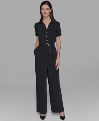 KARL LAGERFELD PARIS - Petite Belted Short-Sleeve Button-Front Jumpsuit