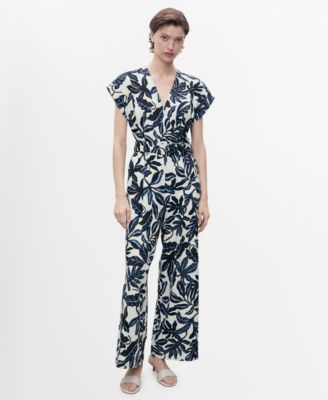MANGO - Women's Belt Printed Linen Jumpsuit