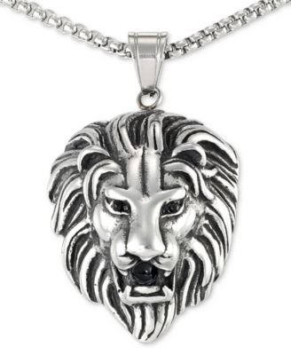 LEGACY for MEN by Simone I. Smith - Black Agate Lion Head 24" Pendant Necklace in Stainless Steel