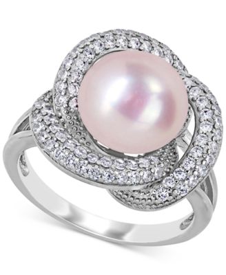 Macy's - Pink Cultured Freshwater Pearl (10-1/2mm) & Cubic Zirconia Love Knot Statement Ring in Sterling Silver