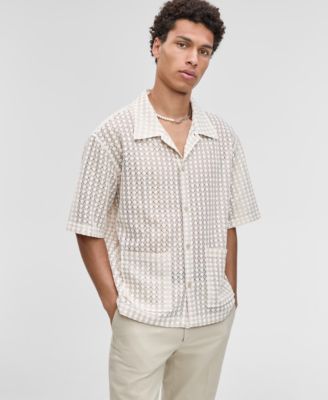 Mode of One - Men's Relaxed-Fit Textured-Knit Bubble Lace Button-Down Camp Shirt