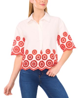 CeCe - Women's Contrast Embroidered Cotton Collared Shirt