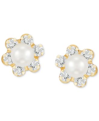 Macy's - Freshwater Pearl (3-3/4mm) and Cubic Zirconia Stud Earrings in 14k Gold