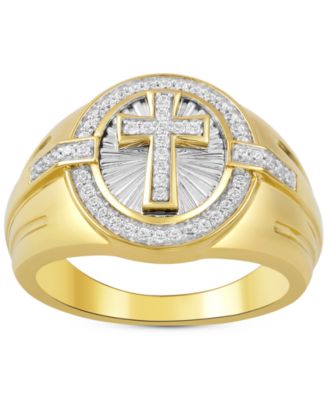 Macy's - Men's Diamond Sunray Cross Ring (1/3 ct. t.w.) in Gold-Plated Sterling Silver
