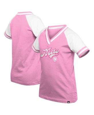 New Era - Big Girls Pink New York Mets Mommy Me Raglan V-Neck T-Shirt