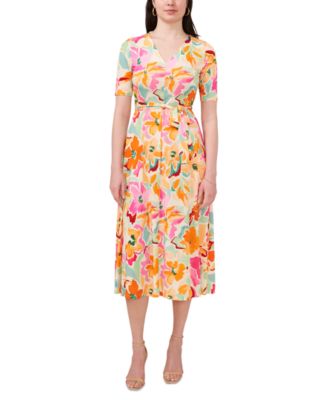 MSK - Women's Floral-Print Tie-Waist V-Neck Midi Dress
