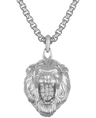 Bulova - Men's Diamond Lion Pendant Necklace (1/10 ct. t.w.) in Sterling Silver-Plate, 24" + 2" extender, BVP1071-WSSC4