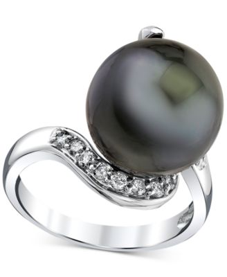 Macy's - Cultured Tahitian Pearl (13mm) & Diamond (1/3 ct. t.w.) Swirl Statement Ring in 14k White Gold