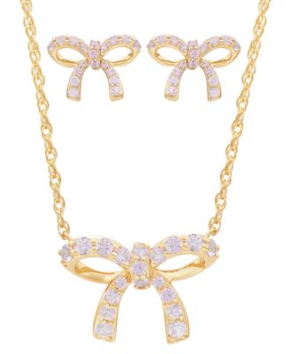 Macy's - 2-Pc. Set Lab Created Pink Sapphire Bow Pendant Necklace & Matching Stud Earrings (1 ct. t.w.) in 14k Gold-Plated Sterling Silver