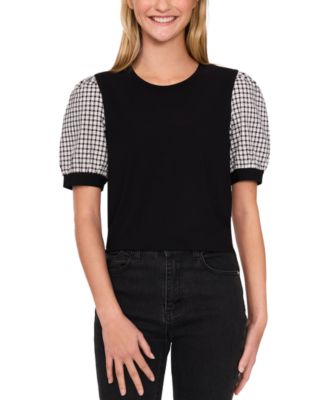 CeCe - Women's Short-Puff-Sleeve Mixed-Media Top