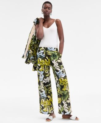 On 34th - Women's Leaf-Print Crochet-Trim Wide-Leg Pants