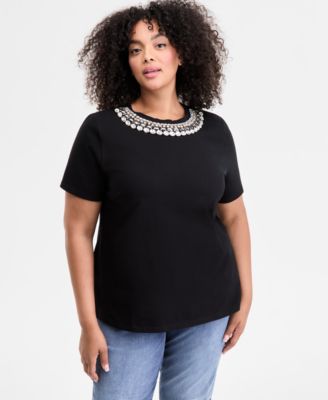 I.N.C. International Concepts - Plus Size Embellished-Neck Cotton Top