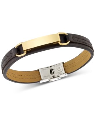 LEGACY for MEN by Simone I. Smith - Simone I. Smith ID Plate Brown Leather Bracelet in Stainless Steel Yellow Ion-Plate