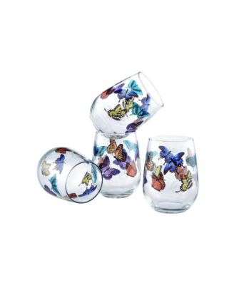 Culver - Butterflies Stemless Wine Glass 15-Ounce Set of 4