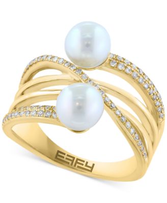EFFY Collection - Cultured Freshwater Pearl (6mm) & Diamond (1/4 ct. t.w.) Multirow Crossover Ring in 14k Gold