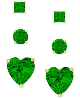 Macy's - 3-Pc. Set Green Quartz Round, Square And Heart Stud Earrings (1-3/8 ct. t.w.) in 14k Gold-Plated Sterling Silver