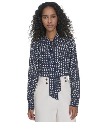 Calvin Klein - Petite Printed Long Sleeve Tie-Neck Blouse