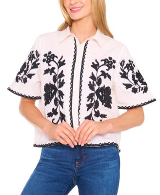 CeCe - Women's Embroidered Short-Sleeve Shirt