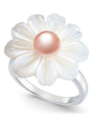 Macy's - Pink Cultured Freshwater Button Pearl (6mm) & Mother-of-Pearl Flower Statement Ring in Sterling Silver