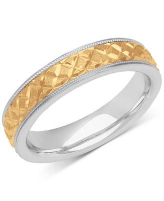 Macy's - Men's Quilt Carved Two-Tone Wedding Band in Sterling Silver & 18k Gold-Plate