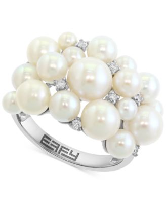 EFFY Collection - Cultured Freshwater Pearl (3 - 6-1/2mm) & Diamond (1/10 ct. t.w.) Cluster Ring in 14k White Gold