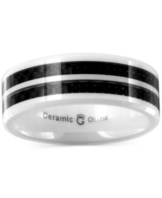 Macy's - Men's White Ceramic & Double-Row Black Carbon Fiber Inlay Band Ring