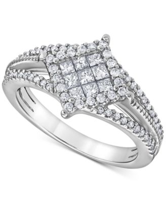 Macy's - Diamond Princess & Round Halo Cluster Split Shank Ring (5/8 ct. t.w.) in 14k White Gold