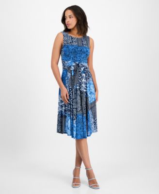 Robbie Bee - Petite Printed Tie-Waist Sleeveless Dress