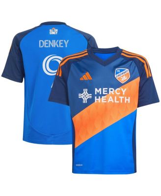 adidas - Big Boys and Girls K&eacute;vin Denkey Blue FC Cincinnati 2025 Orange and Blue Legacy Kit Replica Player Jersey