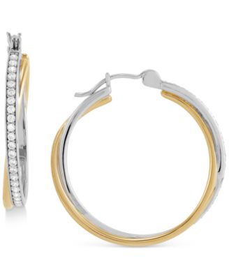 Macy's - Cubic Zirconia Twist Medium Hoop Earrings in Sterling Silver & 14k Gold-Plate, 1.25"