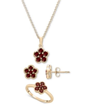 Macy's - 3-Pc. Set Garnet Flower Pendant Necklace, Matching Ring & Stud Earrings (1-1/2 ct. t.w.) in 14k Gold-Plated Sterling Silver