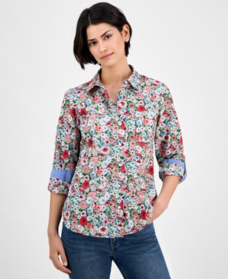 Nautica Jeans - Women's Floral-Print Cotton Roll-Tab Shirt