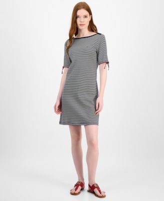 Tommy Hilfiger - Women's Striped Cotton Boat-Neck Tie-Sleeve Dress