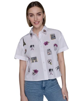 KARL LAGERFELD PARIS - Women's Cotton Embroidered Camp Shirt