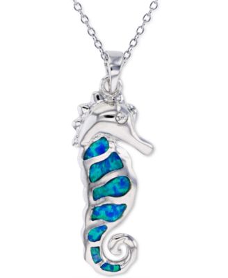 Macy's - Lab-Created Blue Opal Sea Horse 18" Pendant Necklace in Sterling Silver