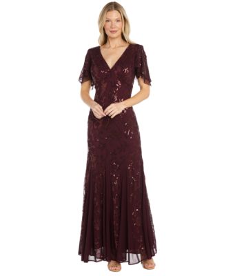 R & M Richards - Women's Sequinned Beaded Flutter-Sleeve Gown