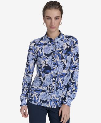 Tommy Hilfiger - Women's Floral-Print Ruffled-Placket Button-Down Knit Top