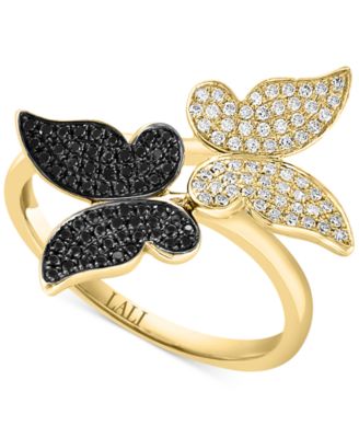 LALI Jewels - Black & White Diamond Butterfly Ring (1/3 ct. t.w.) in 14k Gold