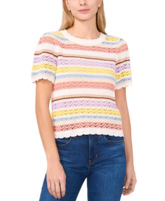 CeCe - Women's Pointelle Stripe Short-Sleeve Cotton Sweater