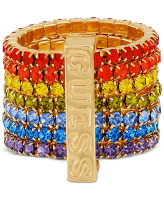 GUESS - Gold-Tone Rainbow Rhinestone Multi-Row Stretch Ring